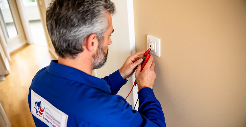 Technicien électricien utilisant un testeur près d'un interrupteur mural