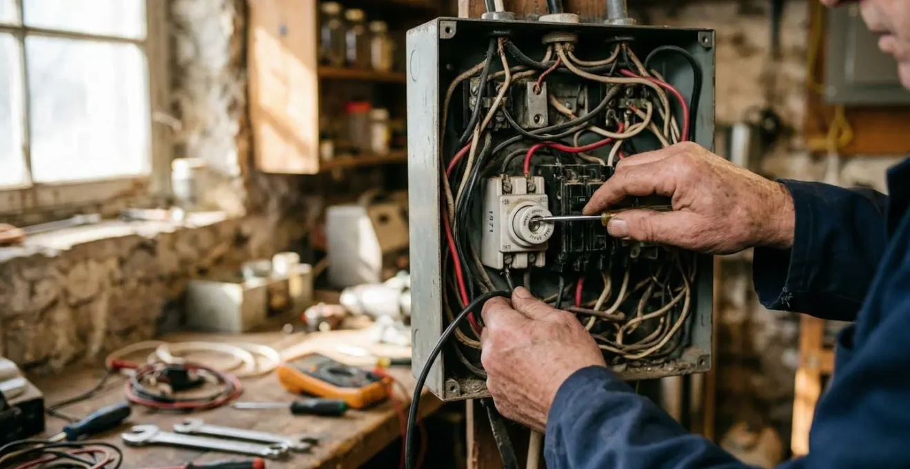 Mains d'une personne manipulant un tableau électrique ancien avec plusieurs disjoncteurs visibles