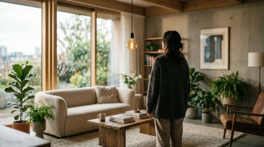 Une personne vue de dos observe une suspension LED dans un salon lumineux aux tons chaleureux