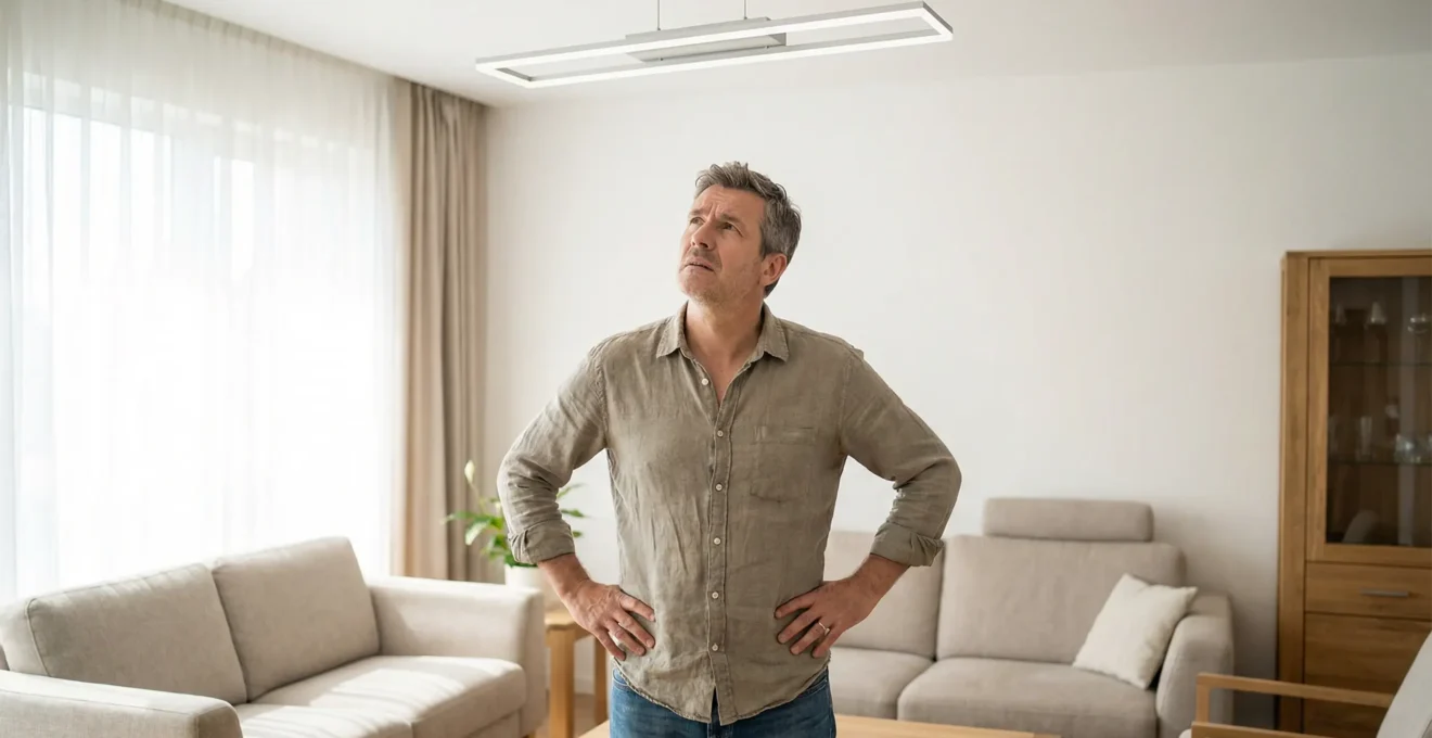 Propriétaire observant un plafonnier LED clignotant dans son salon moderne