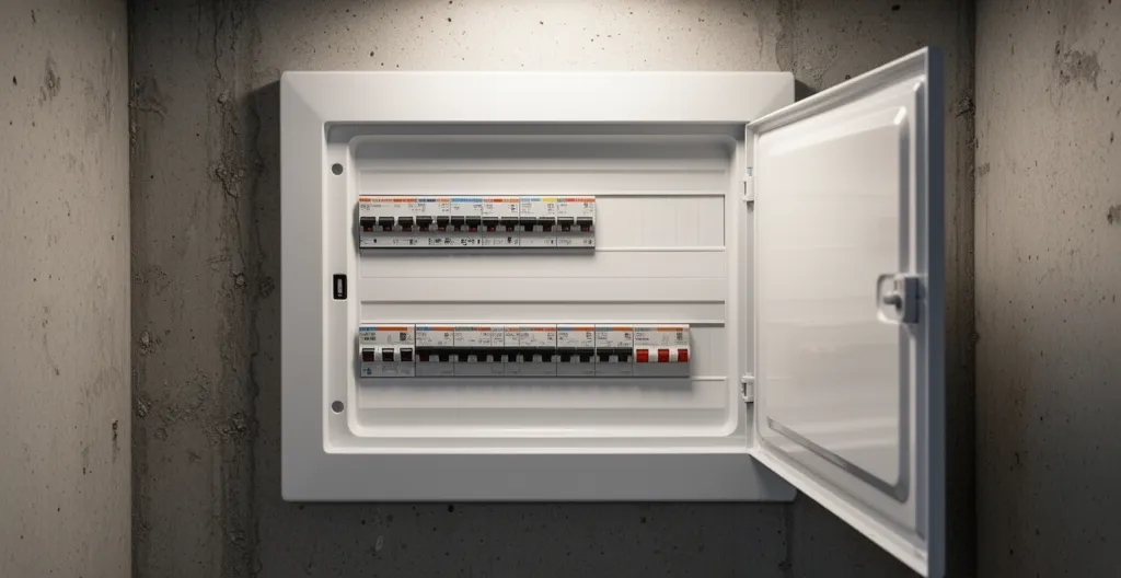 Tableau électrique résidentiel moderne avec disjoncteurs visibles